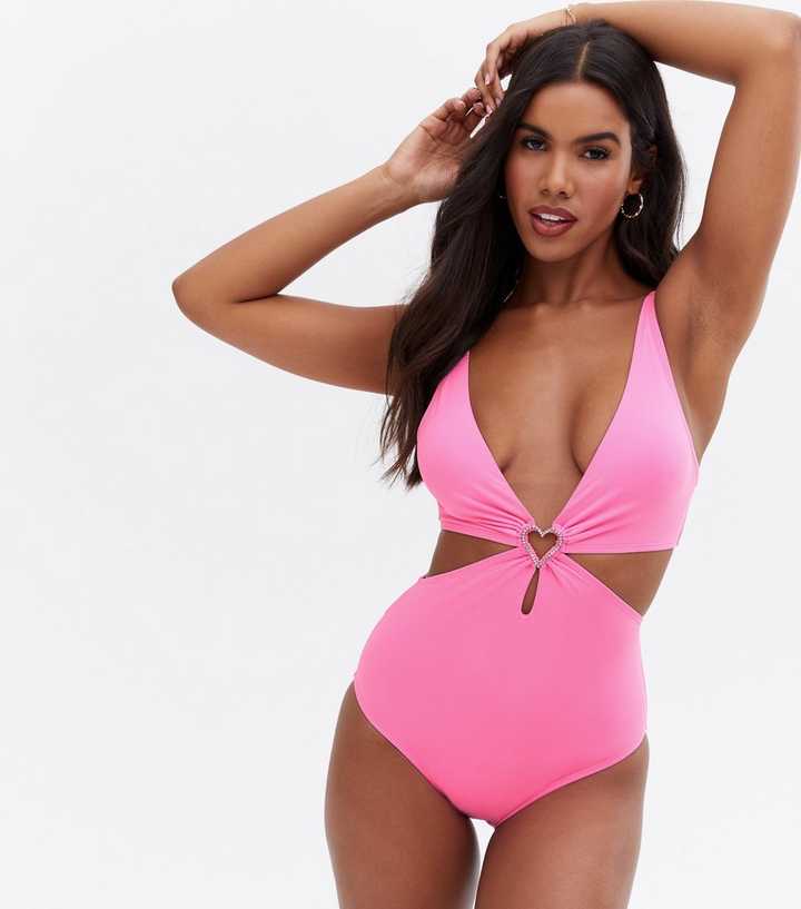 Bright Pink Swimsuit | Heart Out Diamanté Look Cut New