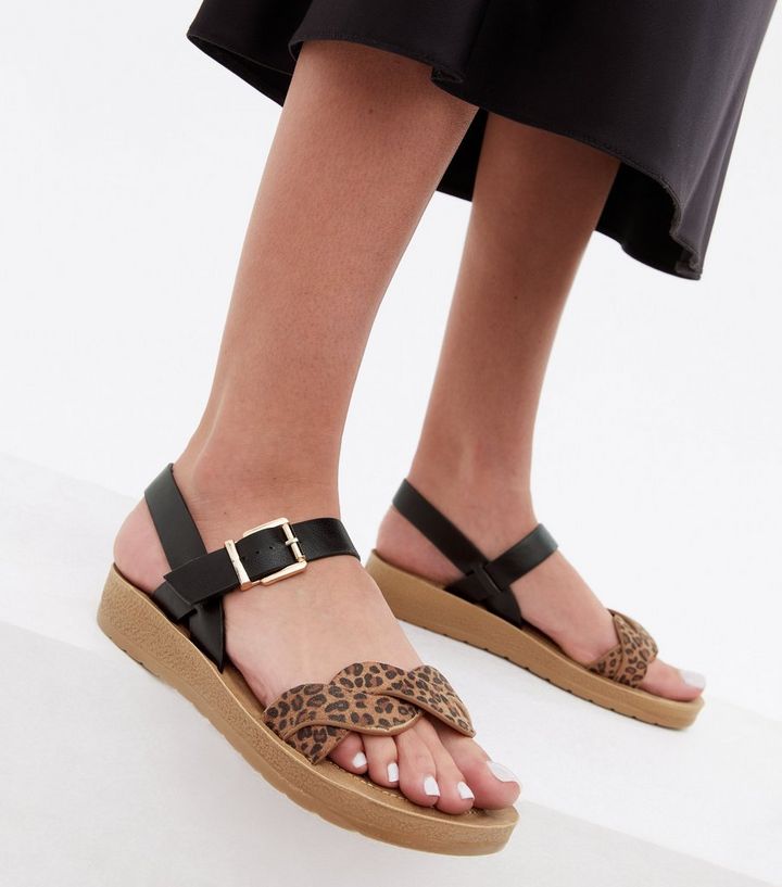 going to decide unclear Frank Wide Fit Stone Leopard Print 2 Part Flatform Sandals | New Look