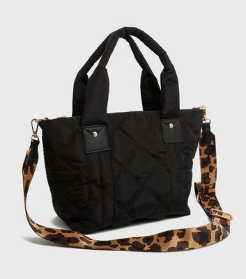 shop for Black Quilted Animal Print Strap Tote Bag New Look at Shopo