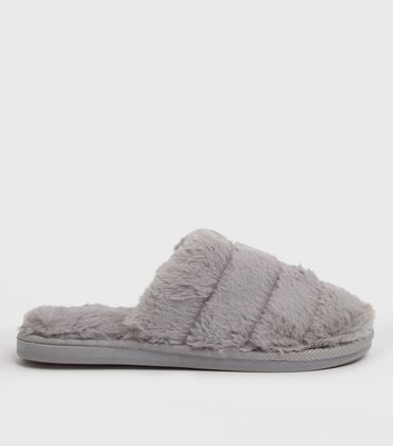 grey fluffy mule slippers