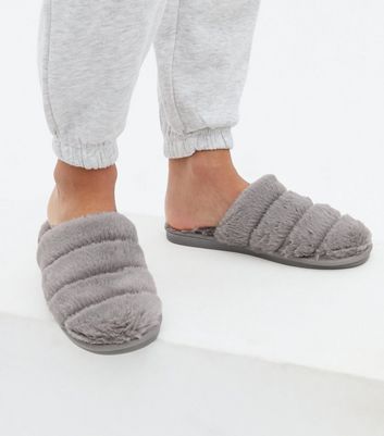 grey faux fur mule slippers