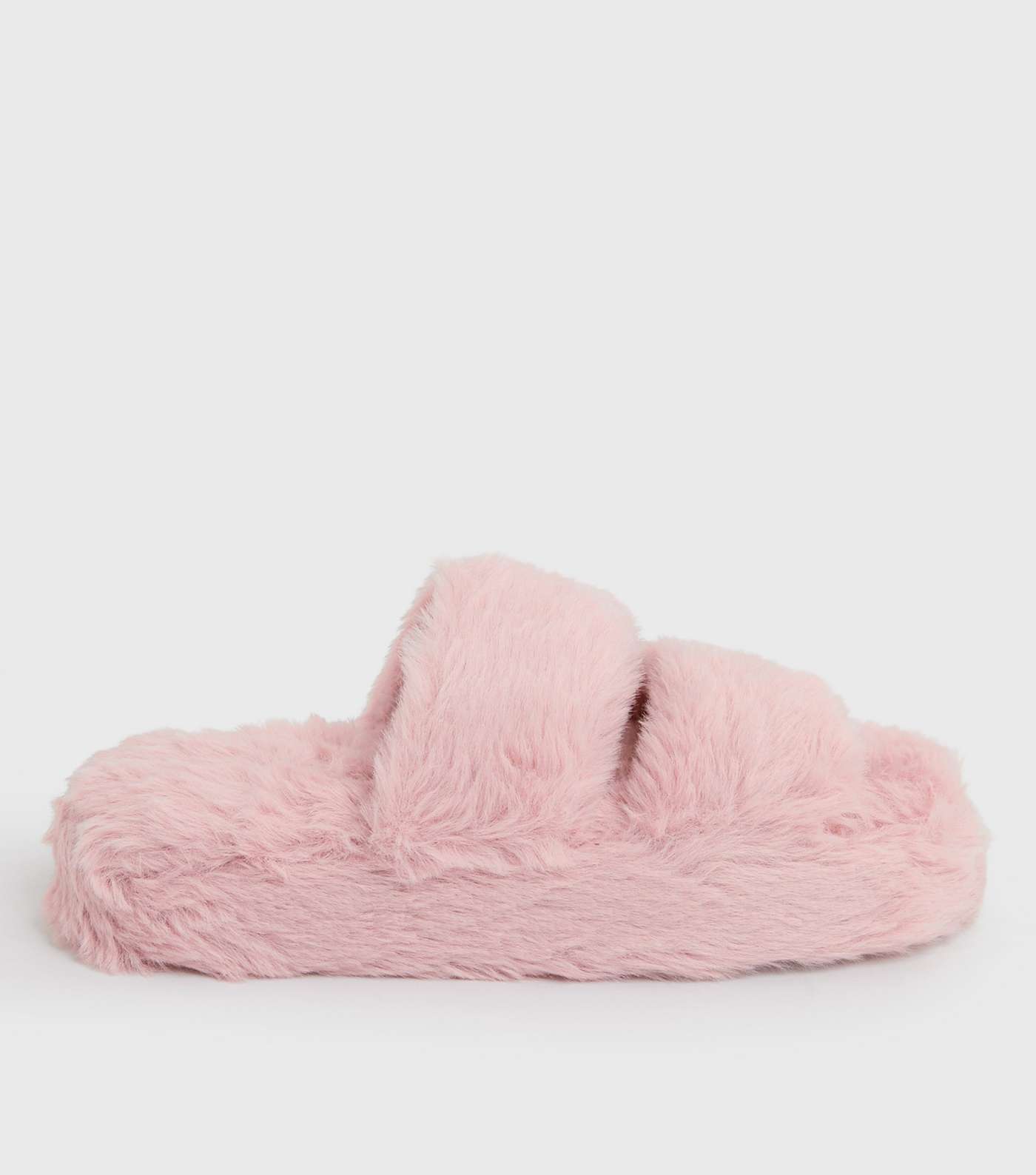 Pink Faux Fur Double Strap Chunky Slider Slippers