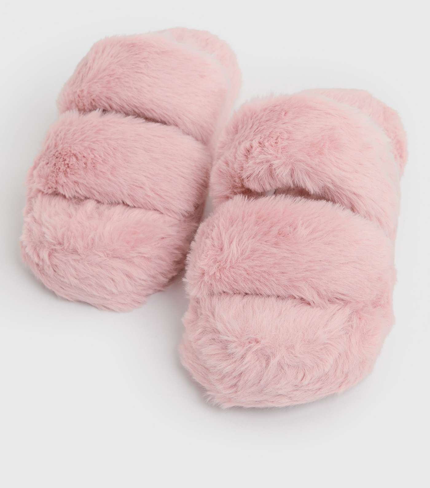 Pink Faux Fur Double Strap Chunky Slider Slippers Image 3