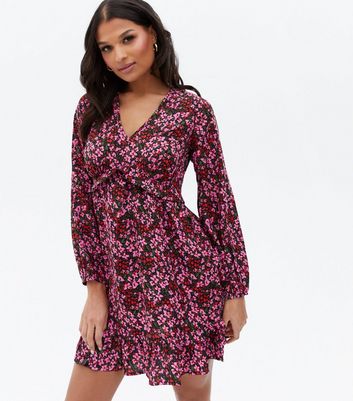 Click to view product details and reviews for Purple Floral V Neck Frill Tiered Open Back Mini Dress New Look.