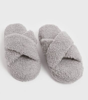 Grey Teddy Cross Strap Chunky Slider Slippers New Look Vegan