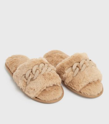 Damen Schuhe & Stiefel Camel Faux Fur Chain Slider Slippers