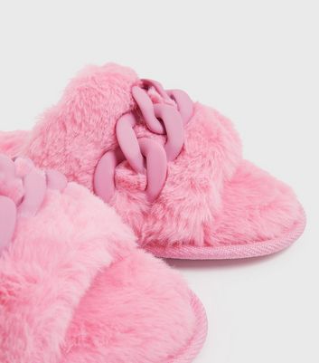 shop for Bright Pink Faux Fur Chain Slider Slippers New Look Vegan at Shopo