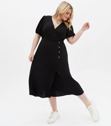 Click to view product details and reviews for Curves Black Herringbone Button Midi Wrap Dress New Look.