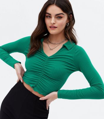 Green Ribbed Collar Frill Hem Long 