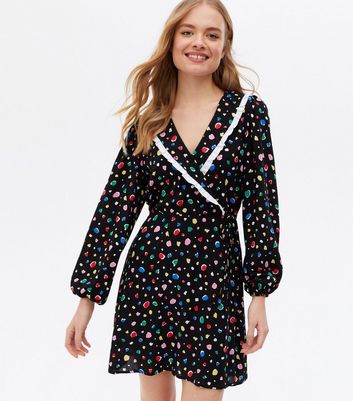 Click to view product details and reviews for Black Abstract Frill Collar Mini Wrap Dress New Look.