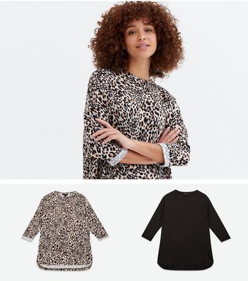 2 Pack Black Leopard Print Fine Knit 3 4 Sleeve Tops New Look