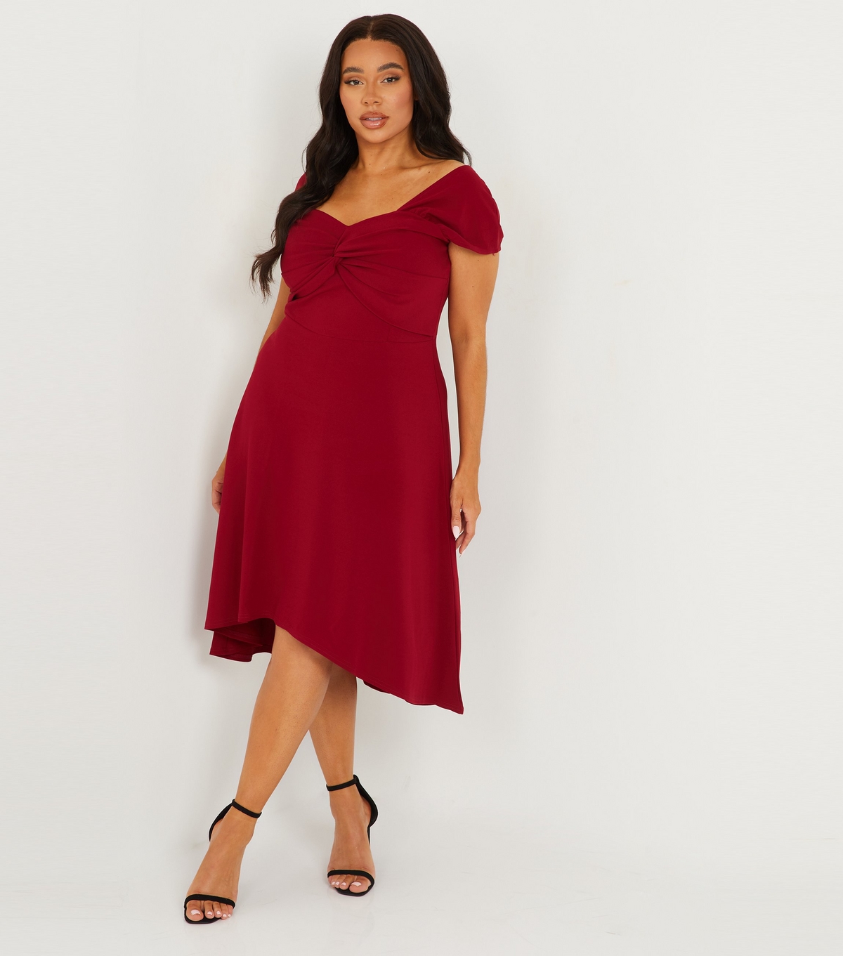 Women's Plus Size Burgundy Scuba Knot Front Dip Hem Midi Dress Curves Quiz New Look