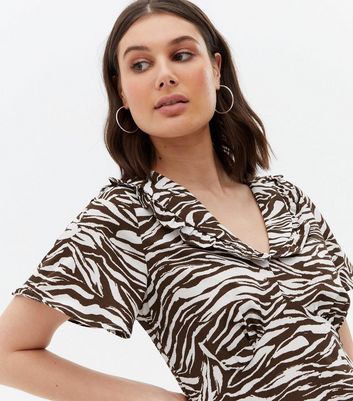 Brown Zebra Print Frill Collar Mini Dress New Look