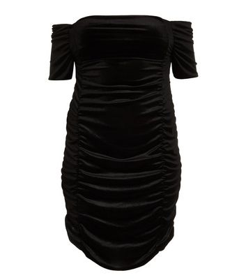 Quiz Curves Black Velvet Ruched Bardot Mini Dress New Look