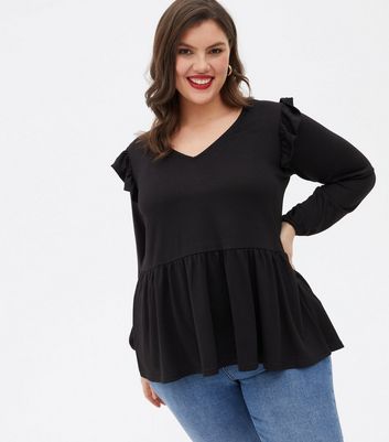 Curves Black Fine Knit Frill Long Sleeve Peplum Top New Look