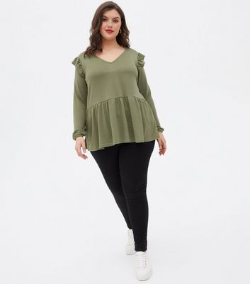 Curves Khaki Fine Knit Frill Long Sleeve Peplum Top New Look