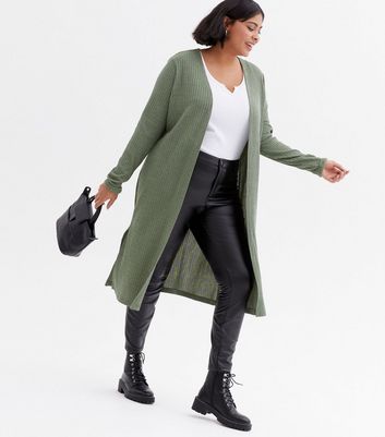 Click to view product details and reviews for Curves Khaki Ribbed Knit Long Cardigan New Look.