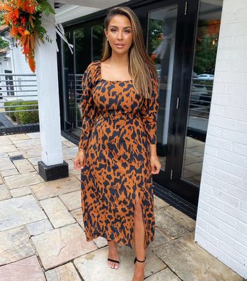 AX Paris Camel Animal Print Square Neck Midi Dress