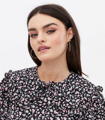 Black Ditsy Floral Frill Collar Peplum Blouse New Look