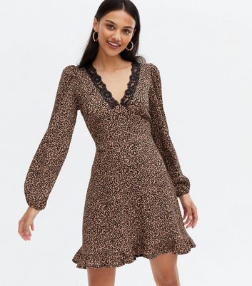 Brown Ditsy Floral Lace V Neck Mini 