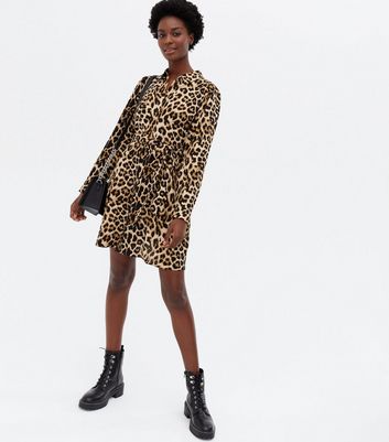 Brown Leopard Print Long Sleeve Belted 
