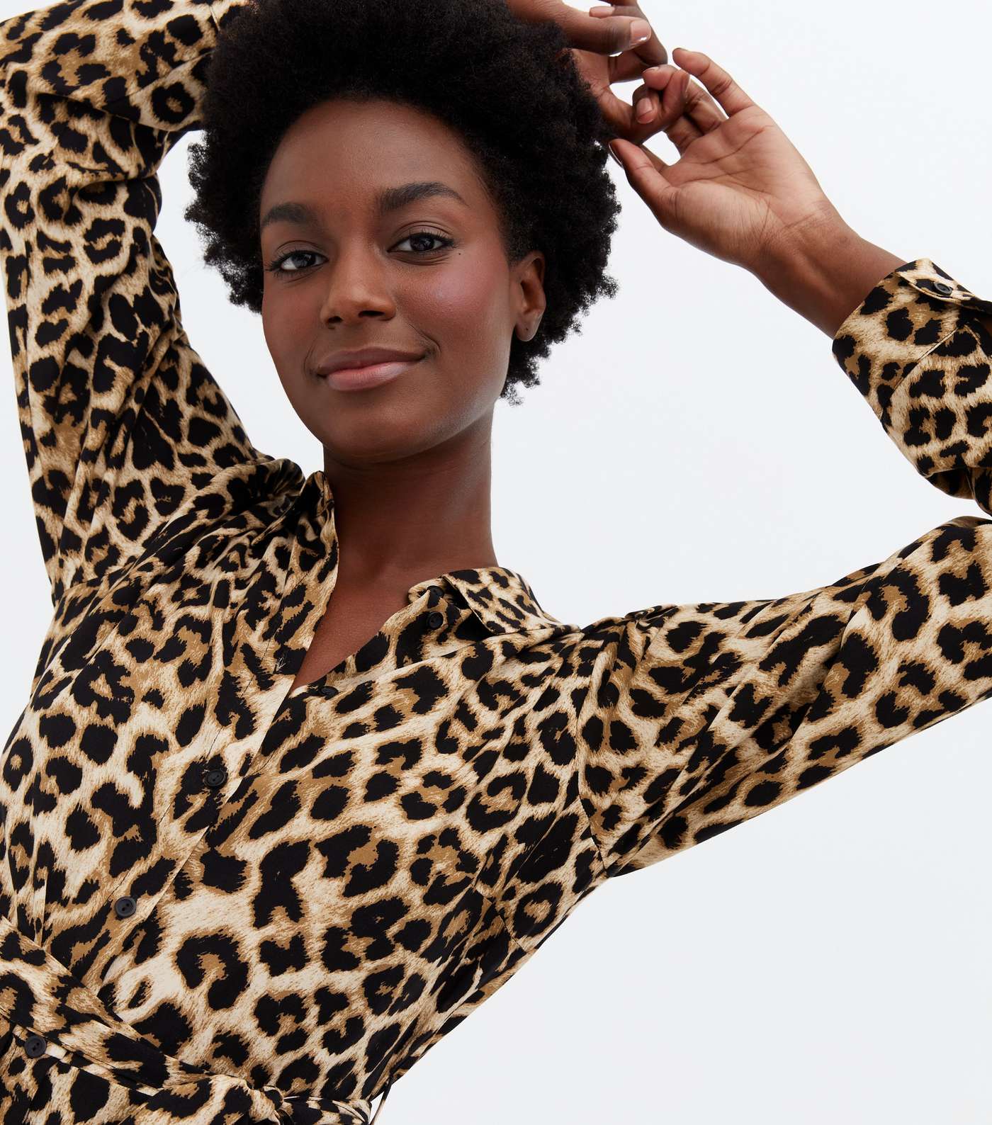 Brown Leopard Print Long Sleeve Belted Shirt Dress Image 3