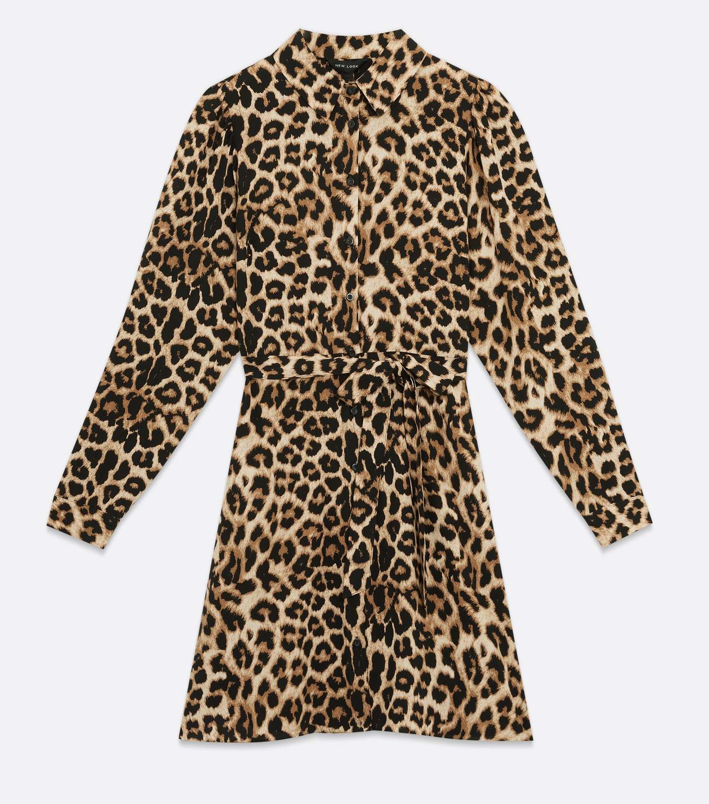Brown Leopard Print Long Sleeve Belted Shirt Dress Image 5