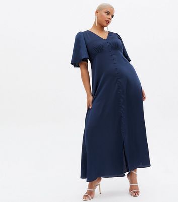 Click to view product details and reviews for Curves Navy Satin Flutter Sleeve Button Front Midi Dress New Look.