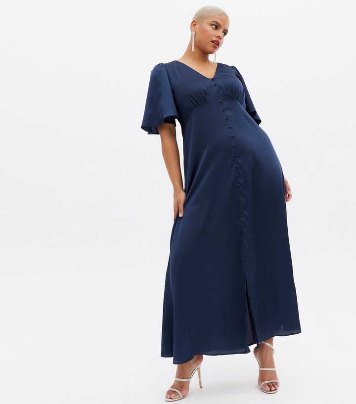 Curves Navy Satin Flutter Sleeve Button Front Midi Dress