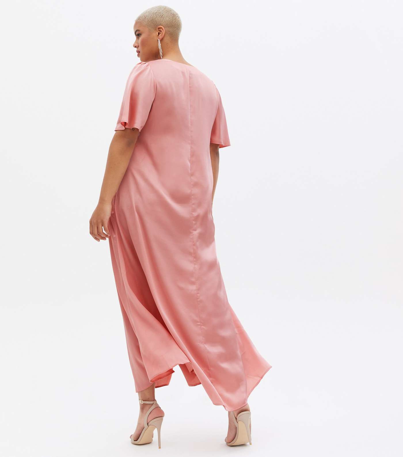Curves Pink Satin Flutter Sleeve Button Front Midi Dress Image 4