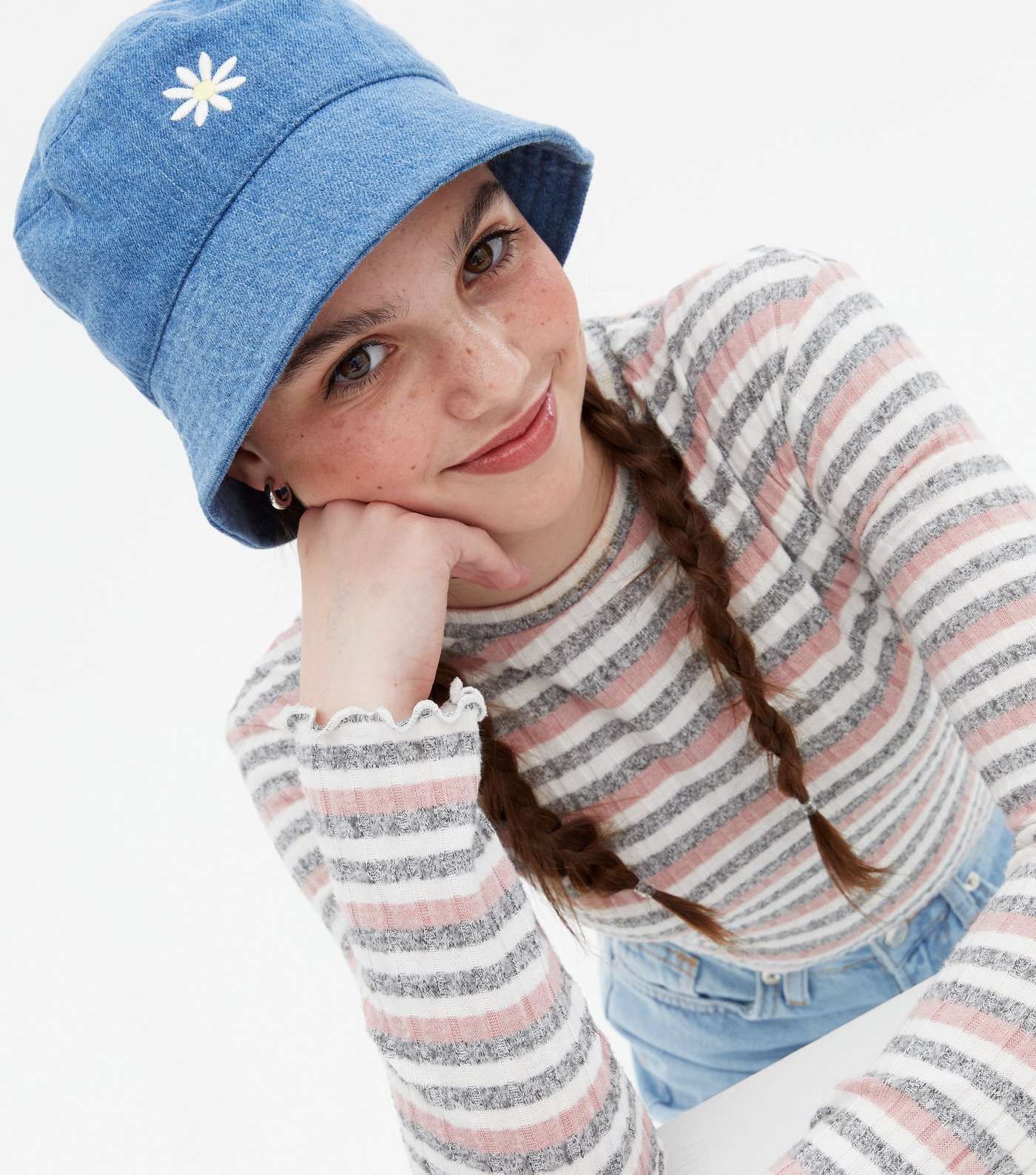 Girls Blue Denim Daisy Embroidered Bucket Hat