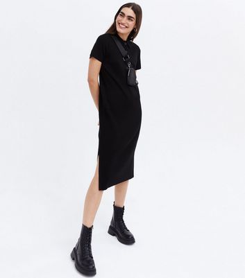 Black Ribbed Knit Button Front Midi Polo Dress | New Look