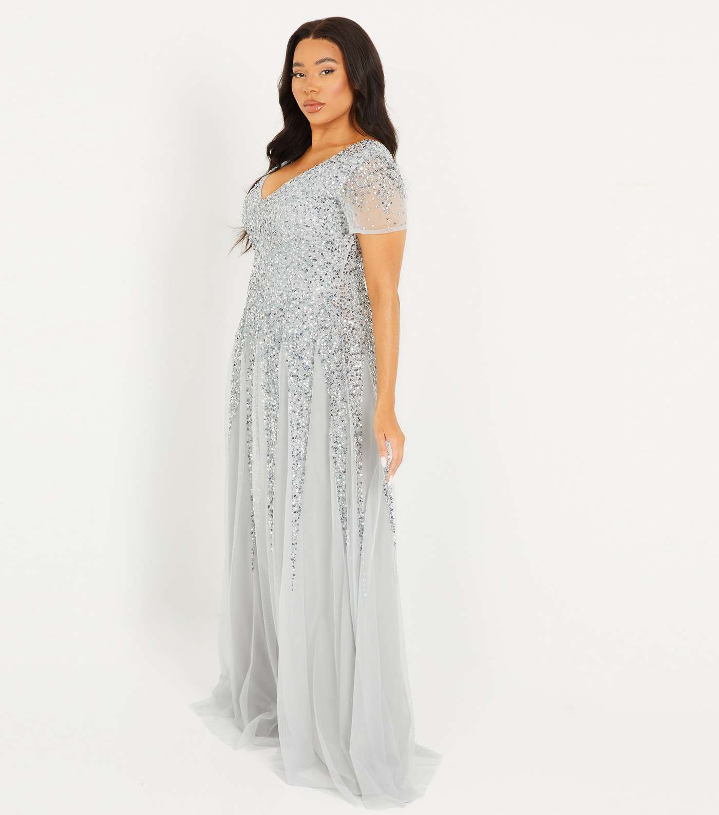 QUIZ Curves Silver Mesh Sequin Maxi Dress Image 2