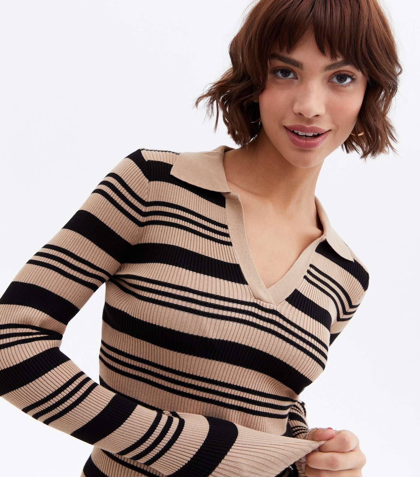 Brown Stripe Knit Collared Polo Jumper Image 3