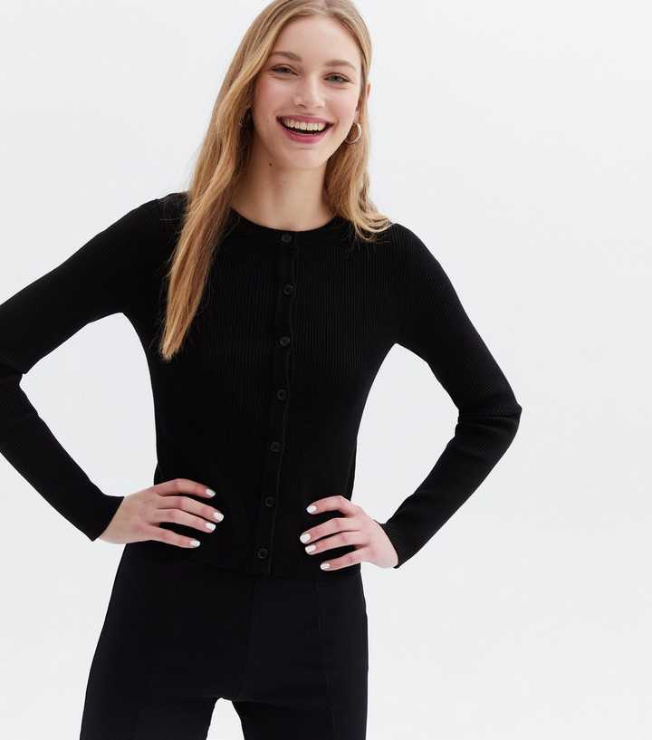 Black Ribbed Crew Neck Cardigan | New Look