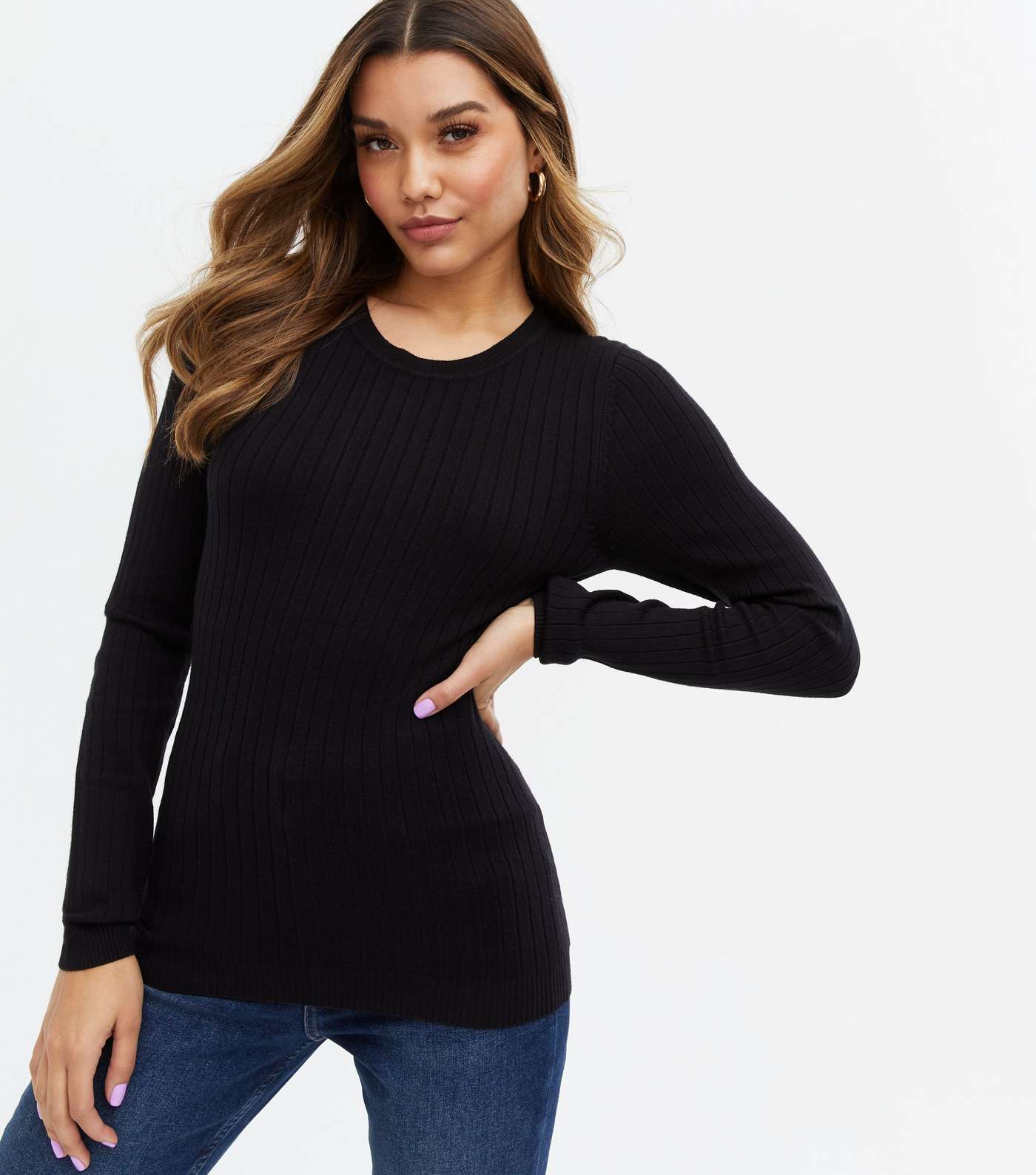 Black Ribbed Crew Neck Long Sleeve Top