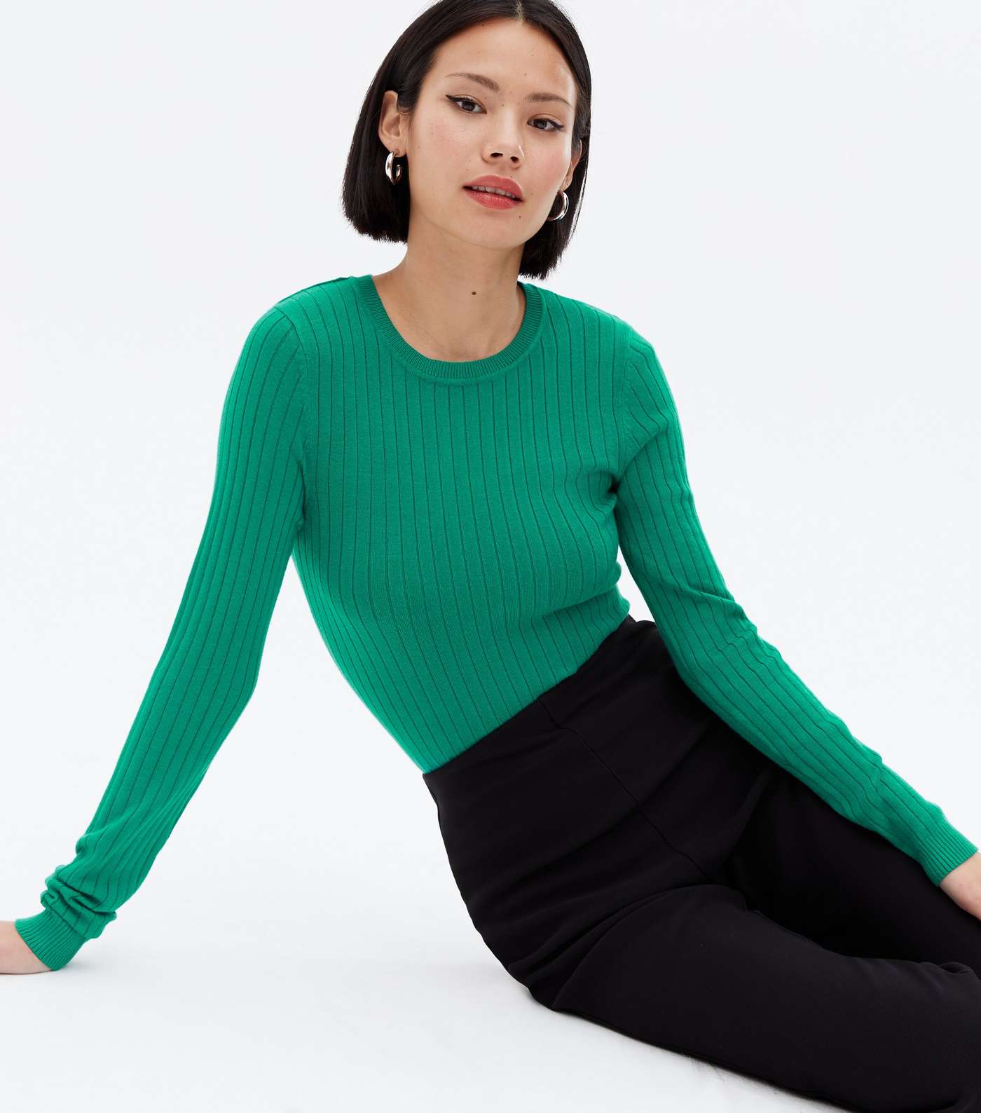 Green Ribbed Crew Neck Long Sleeve Top
