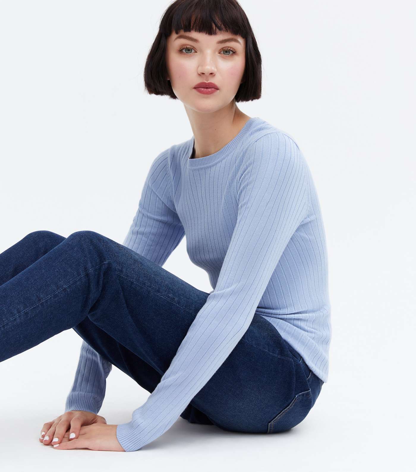 Blue Ribbed Crew Neck Long Sleeve Top