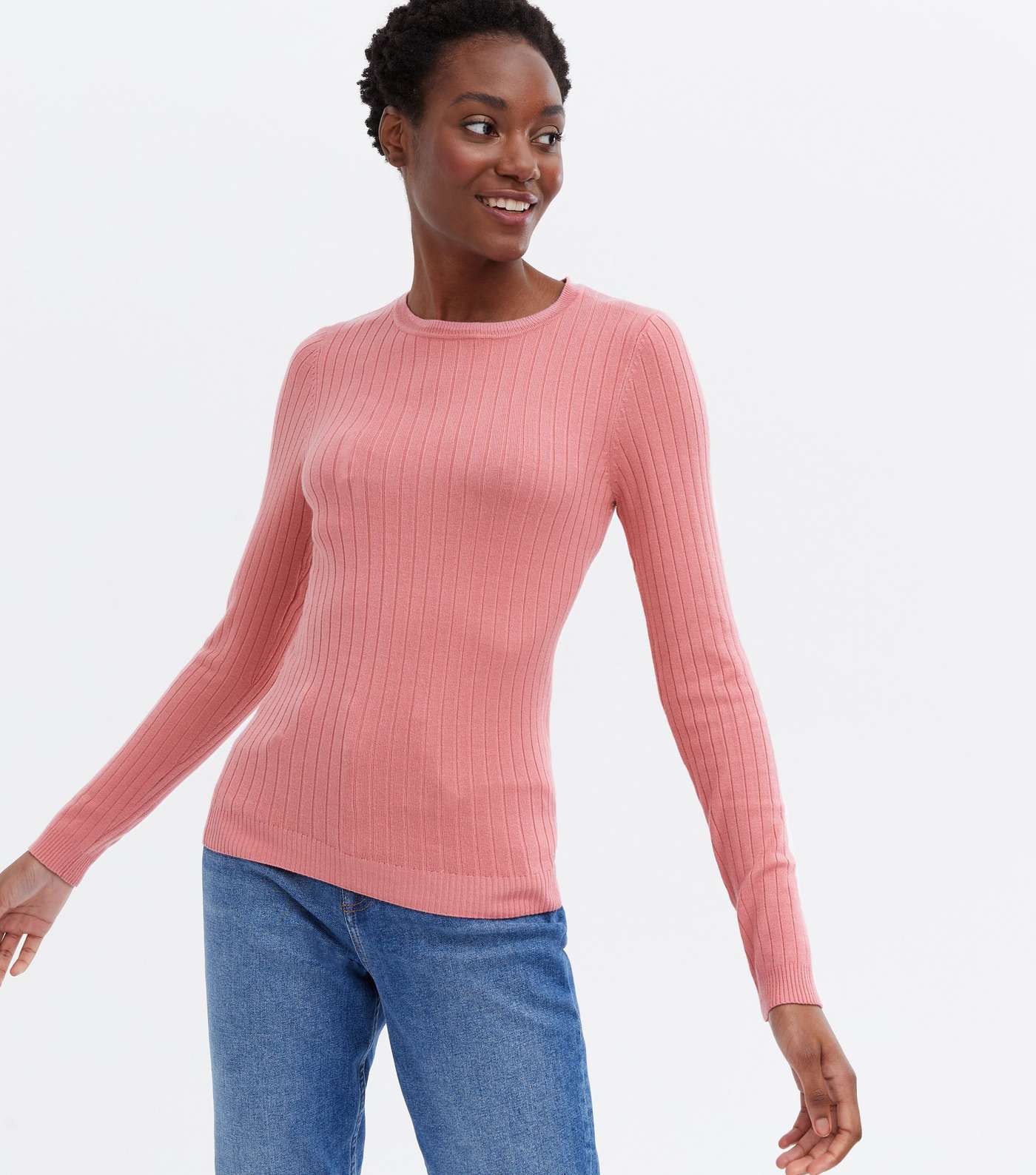 Mid Pink Ribbed Crew Neck Long Sleeve Top Image 2