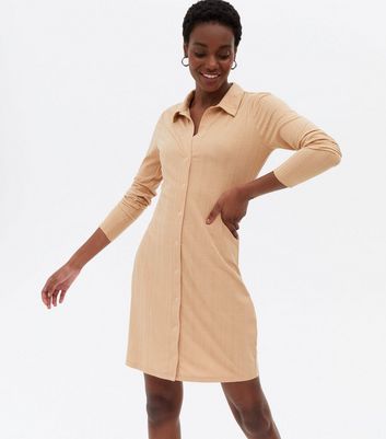 Camel Ribbed Popper Front Collared Mini 