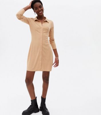Camel Ribbed Popper Front Collared Mini 