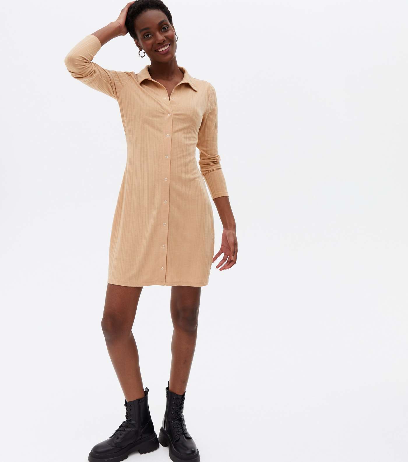 Camel Ribbed Popper Front Collared Mini Dress Image 2