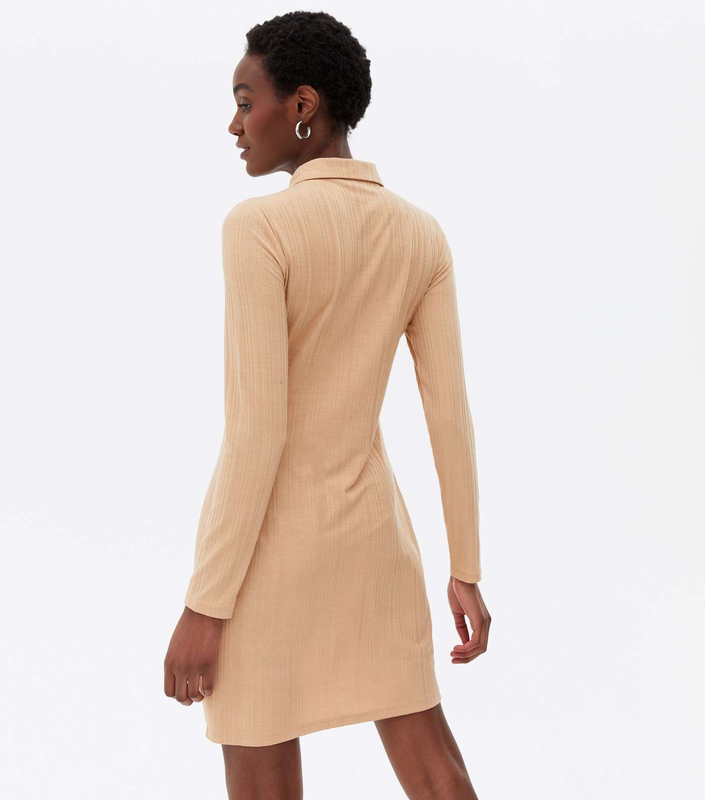 Camel Ribbed Popper Front Collared Mini Dress Image 4