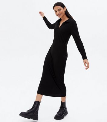 Black Ribbed Collared Long Sleeve Midi Dress