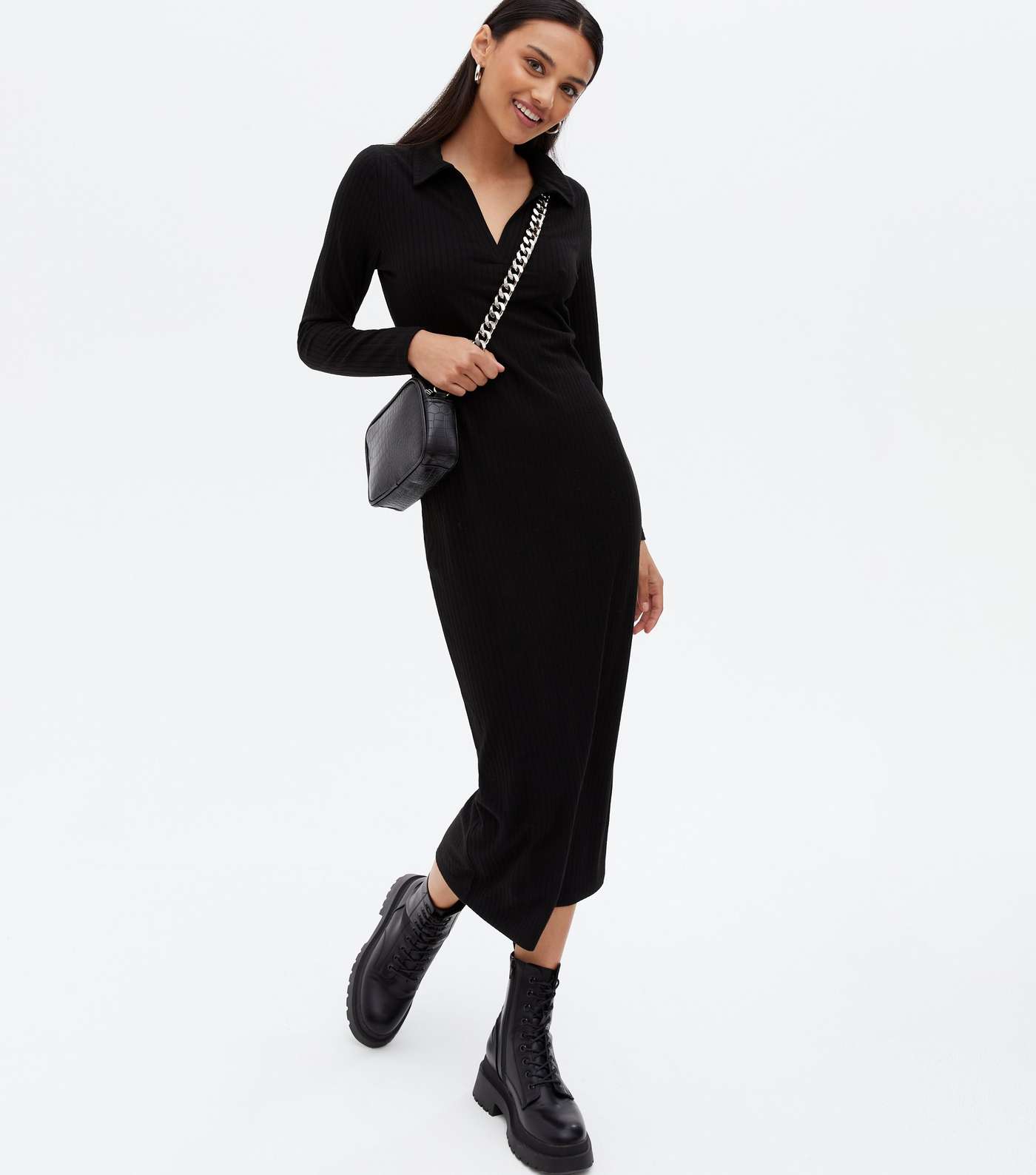 Black Ribbed Collared Long Sleeve Midi Dress Image 2