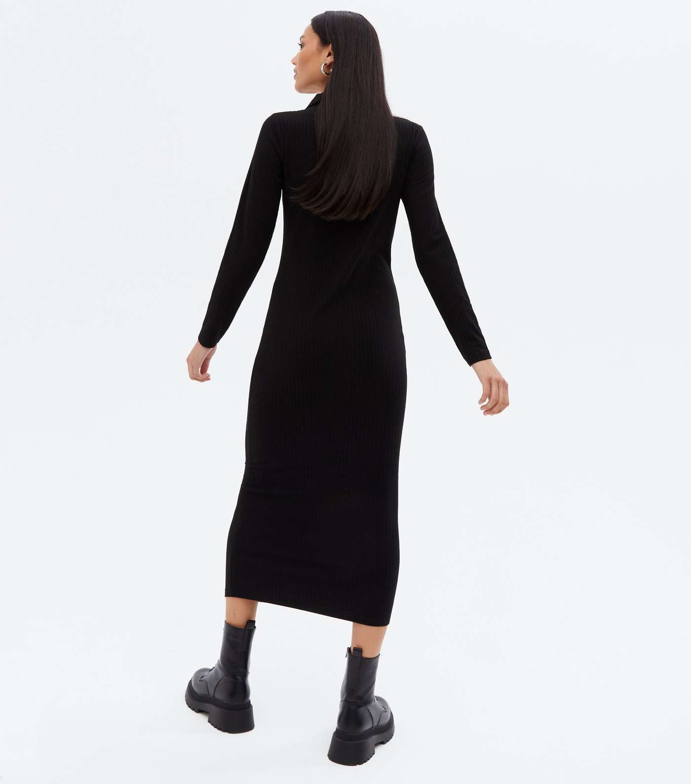 Black Ribbed Collared Long Sleeve Midi Dress Image 4