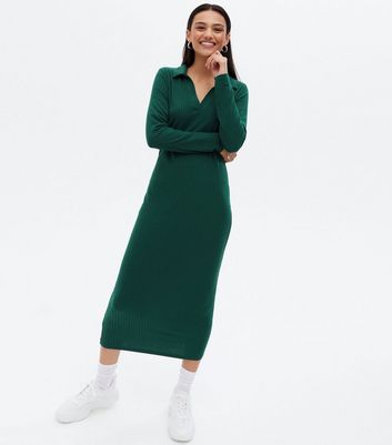 Dark Green Ribbed Collared Long Sleeve Midi Dress