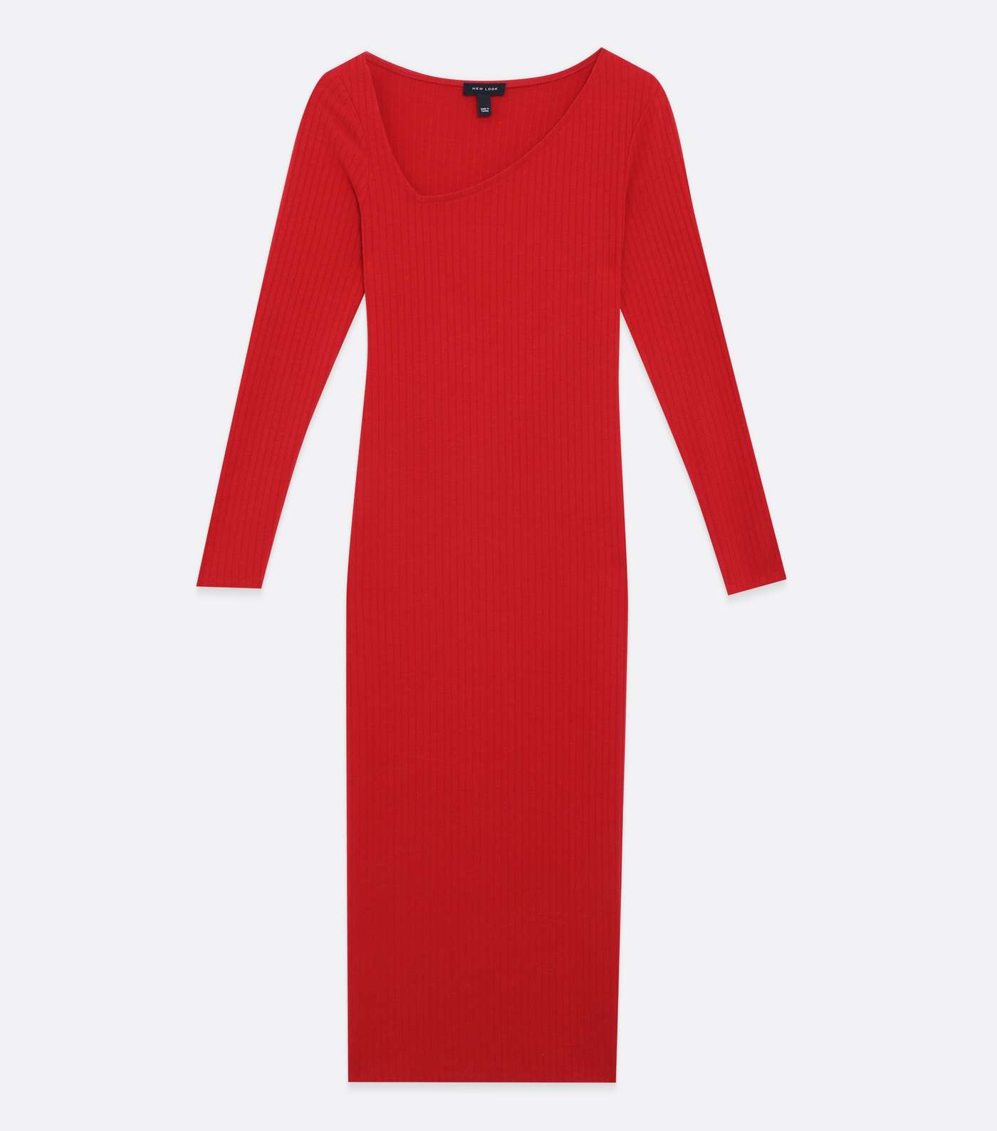 Red Ribbed Asymmetric Long Sleeve Midi Dress Image 5