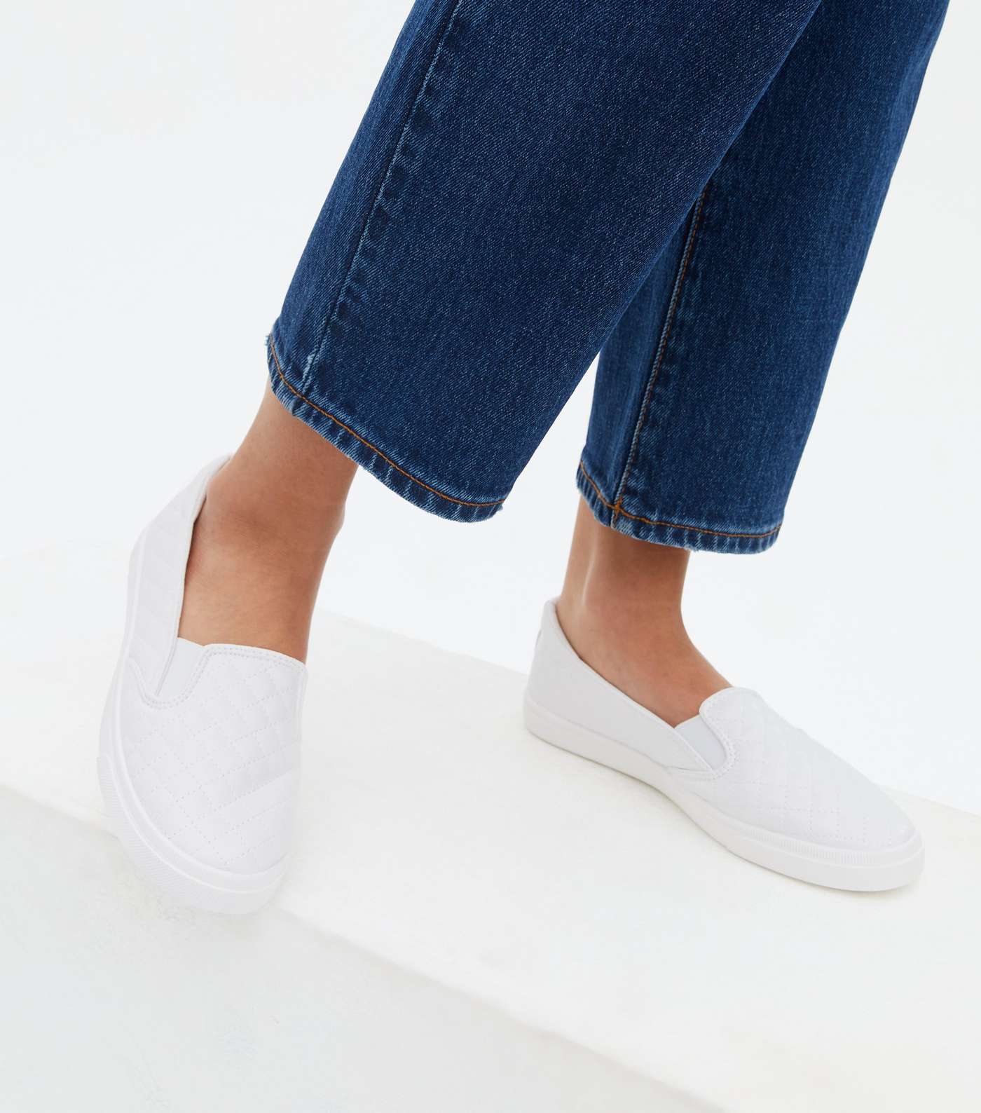 White Leather-Look Quilted Slip On Trainers Image 2