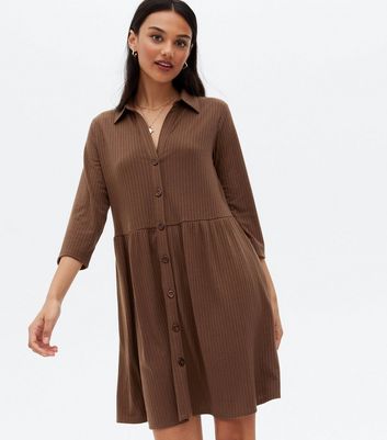 brown ribbed button dress